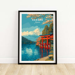 HakonePrint Japan Peace Shrine Torii Artwork - Mount Fuji Lake Ashi Poster, vibrant colors of serene landscape.