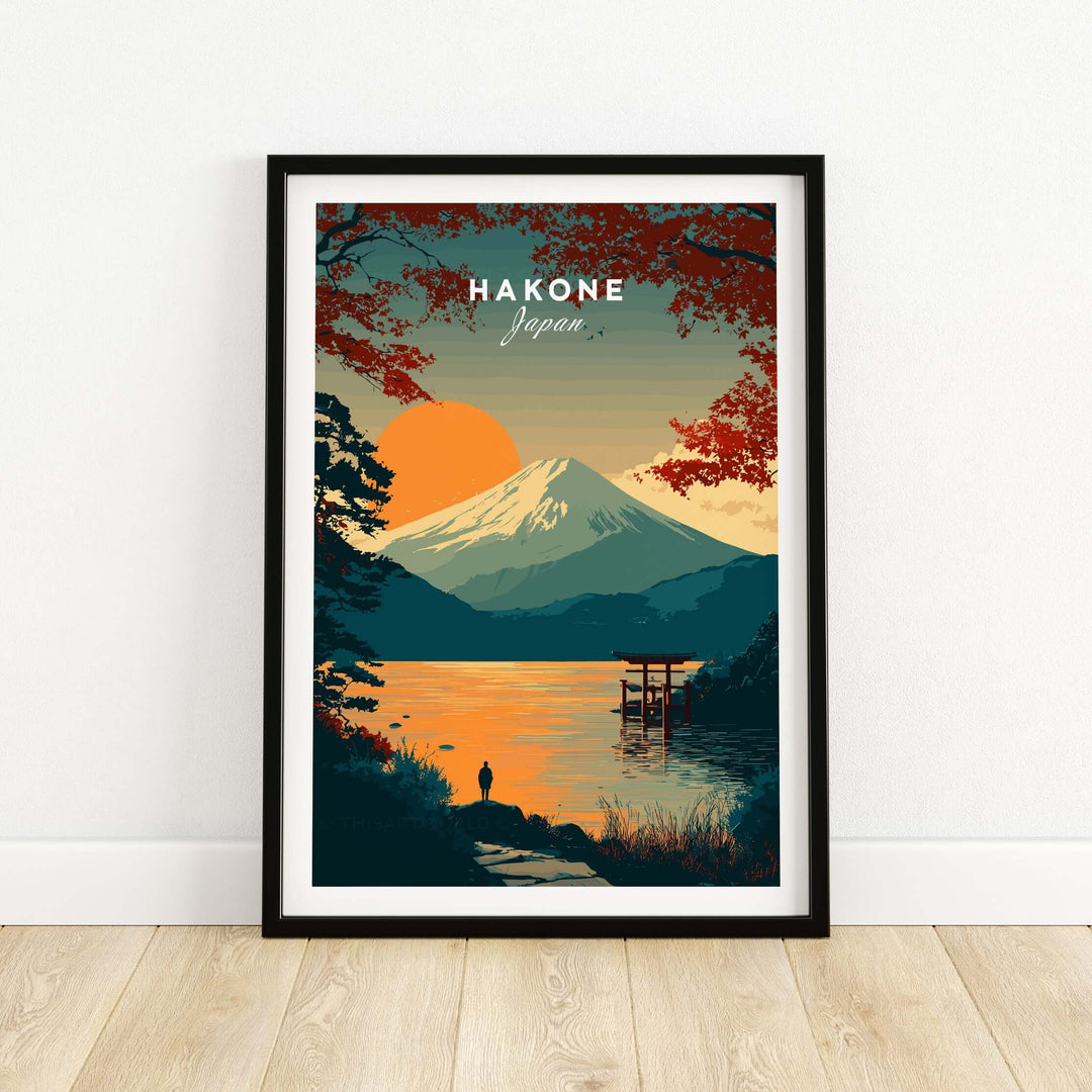 Hakone Japan Torii Gate sunset poster featuring Mount Fuji and tranquil lake, perfect for home decor.