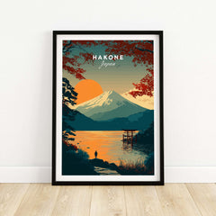 Hakone Japan Torii Gate Sunset Poster - Mount Fuji Lake Scene Print featuring vibrant colors and serene landscape.