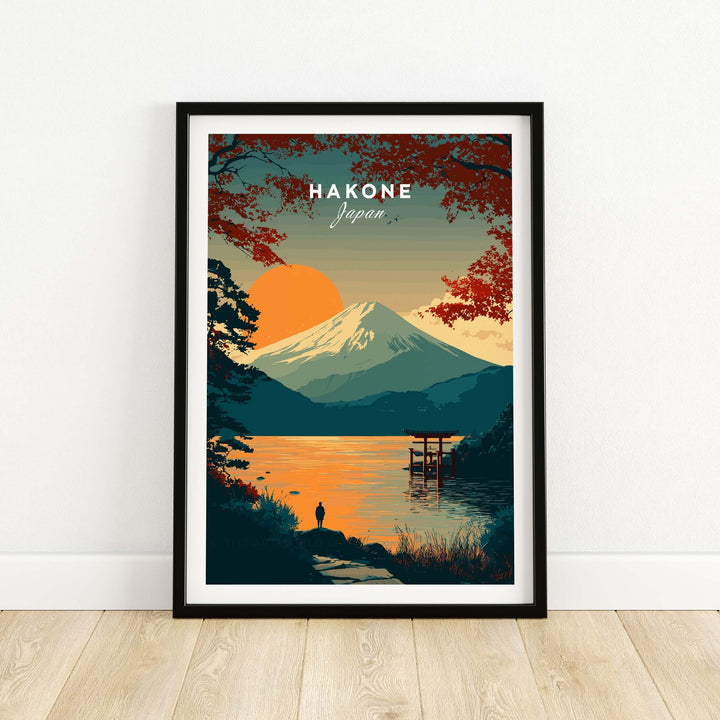 Hakone Japan Torii Gate sunset poster featuring Mount Fuji and tranquil lake, perfect for home decor.