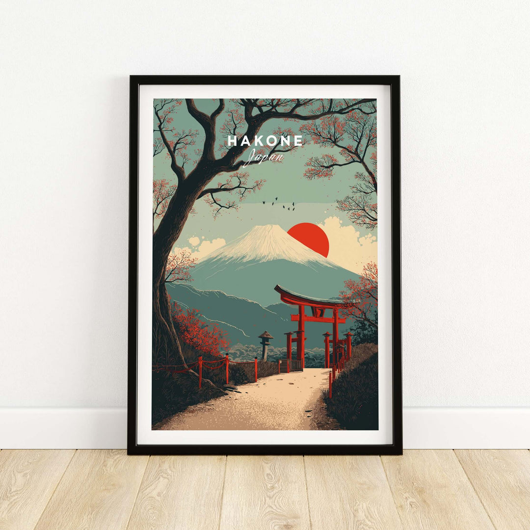 Hakone Japan Torii gate print featuring Mount Fuji in a tranquil landscape, perfect for home decor.