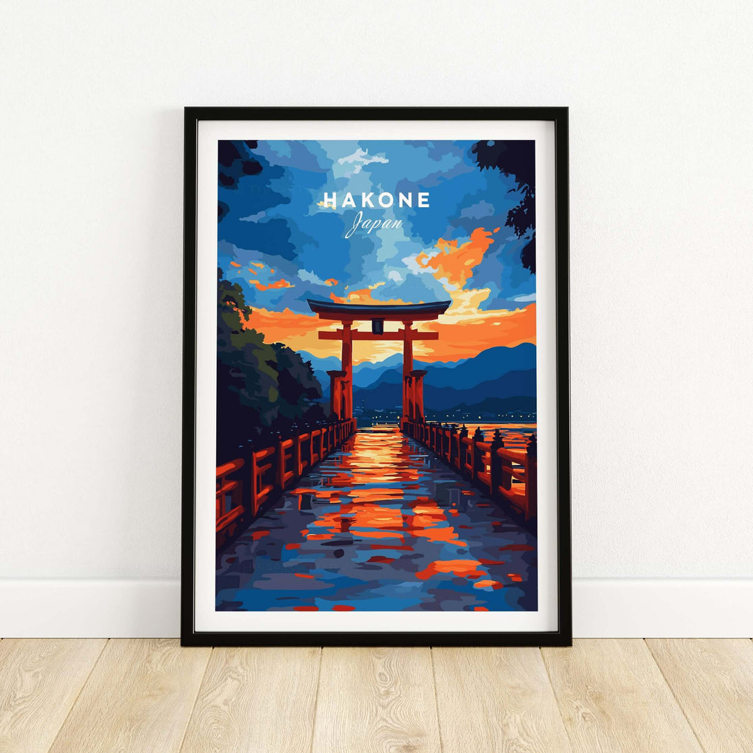 Vibrant Hakone wall art featuring Torii gate at sunset and Lake Ashi reflections, perfect for home decor.