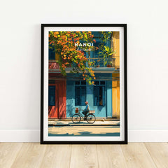 Hanoi Vietnam Print - Vibrant Hanoi Wall Art featuring colorful buildings and a cyclist in Hanoi streets.