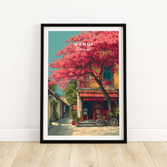 Hanoi Vietnam Print Cherry Blossom Street - Colorful City Wall Art featuring a vibrant cherry blossom scene.