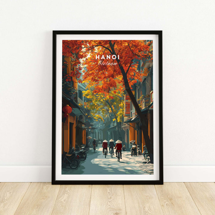 Hanoi poster featuring vibrant autumn colors and city street scene, capturing Vietnam's cultural essence.