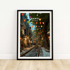 Hanoi Vietnam art print in black frame featuring train street and colorful lanterns.