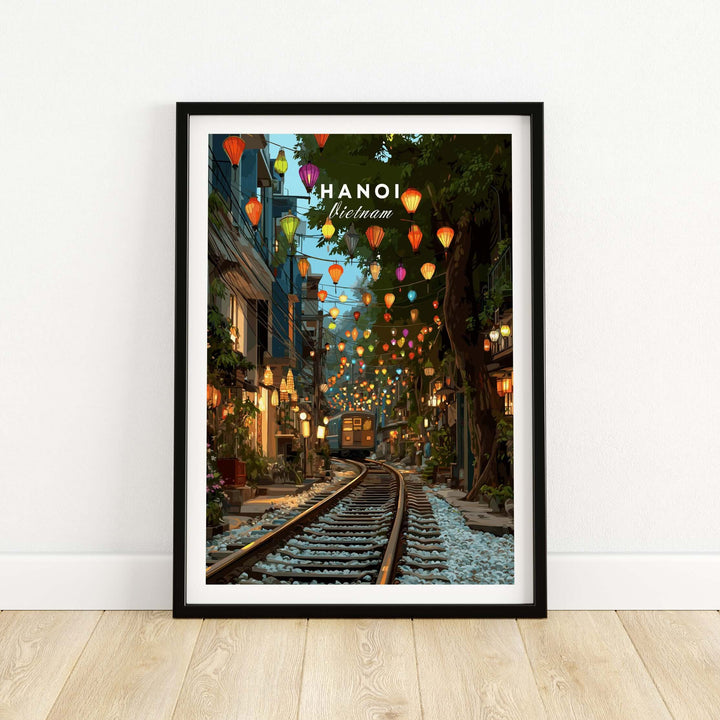 Framed Hanoi Vietnam Train Street print featuring colorful lanterns and urban life in a captivating cityscape.