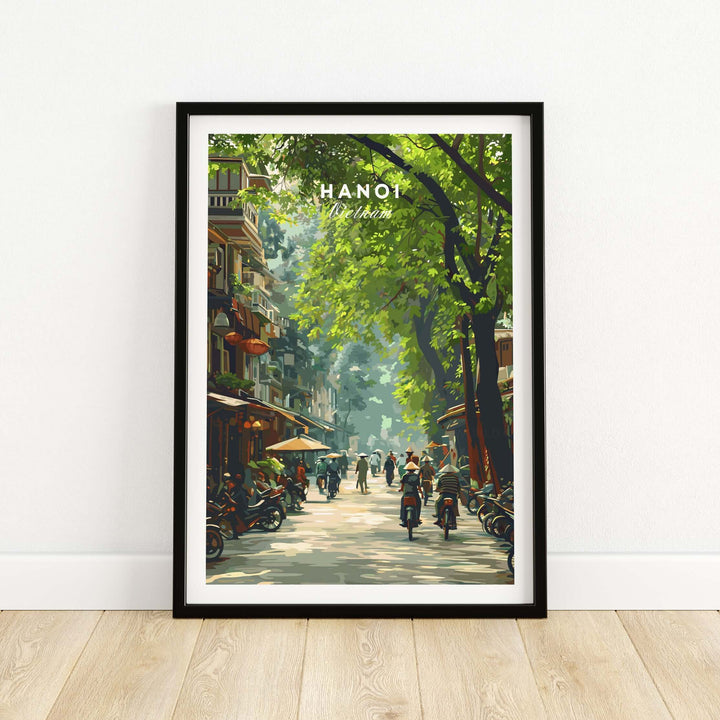 Hanoi Vietnam city street scene poster featuring vibrant urban life and lush greenery in a framed print.