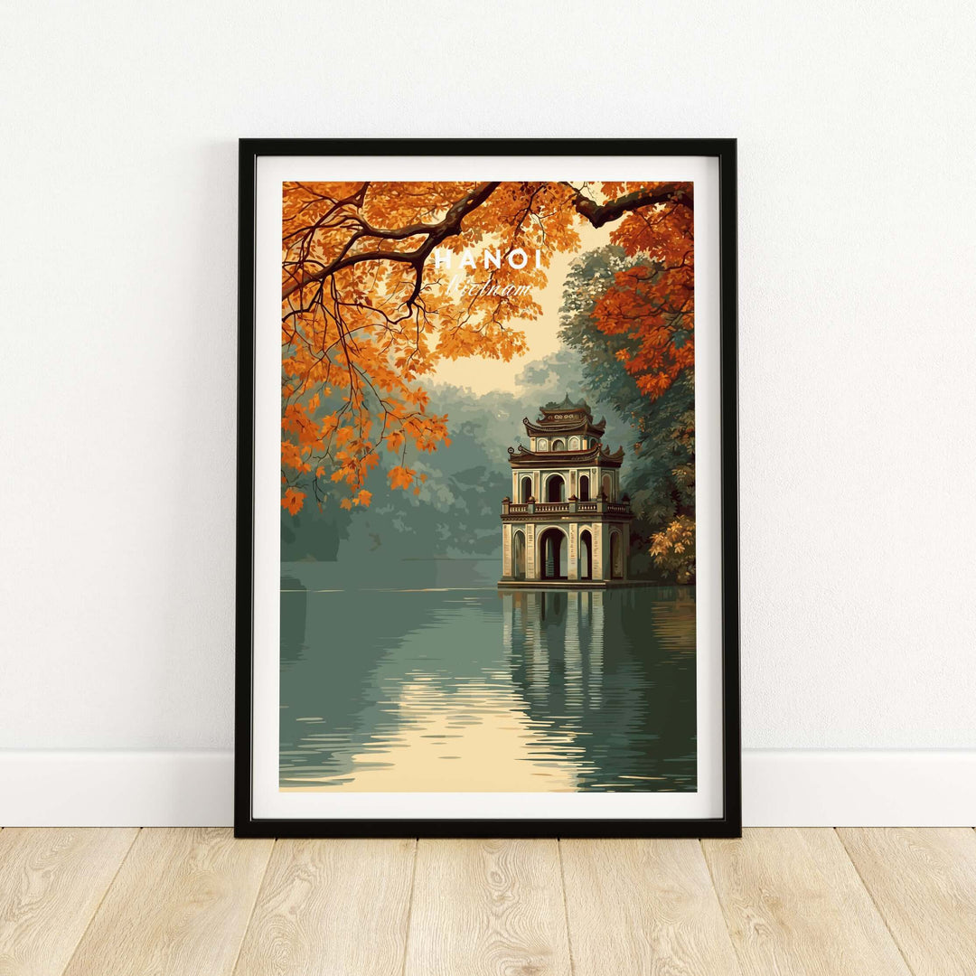 Hanoi Vietnam poster featuring Hoan Kiem Lake Temple in autumn colors, showcasing serene waters and iconic architecture.