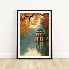 Hanoi Vietnam Poster - Hoan Kiem Lake Temple Print showcasing the temple surrounded by autumn foliage and tranquil waters.