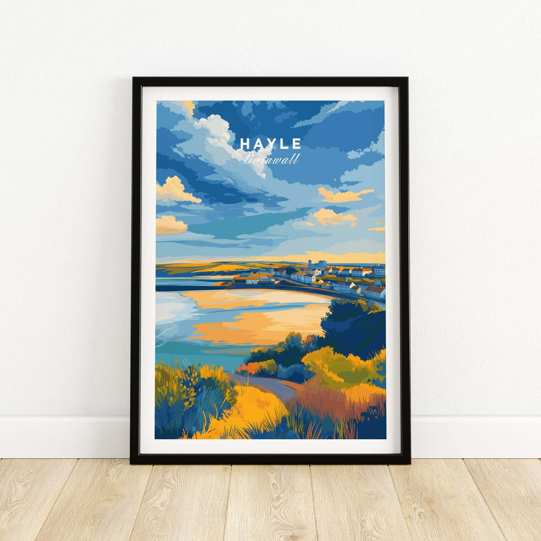 Hayle Cornwall poster depicting a colorful coastal landscape with beach views and vibrant skies.