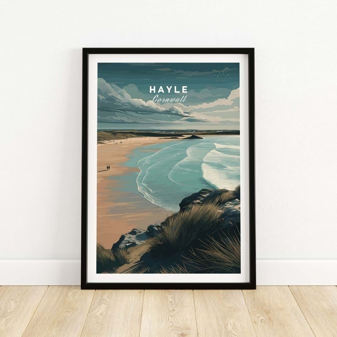 Framed Hayle Cornwall coastal beach print showcasing serene ocean views and dramatic cliffs.