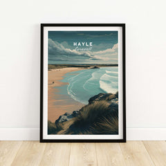 Hayle Cornwall Coastal Beach Print - Seaside Cliffs Wall Art featuring serene coastline and dramatic cliffs in a stylish frame.