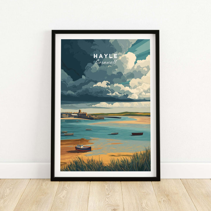 Hayle Boats in the Bay print, coastal Cornwall wall art showcasing boats and serene beach scene.