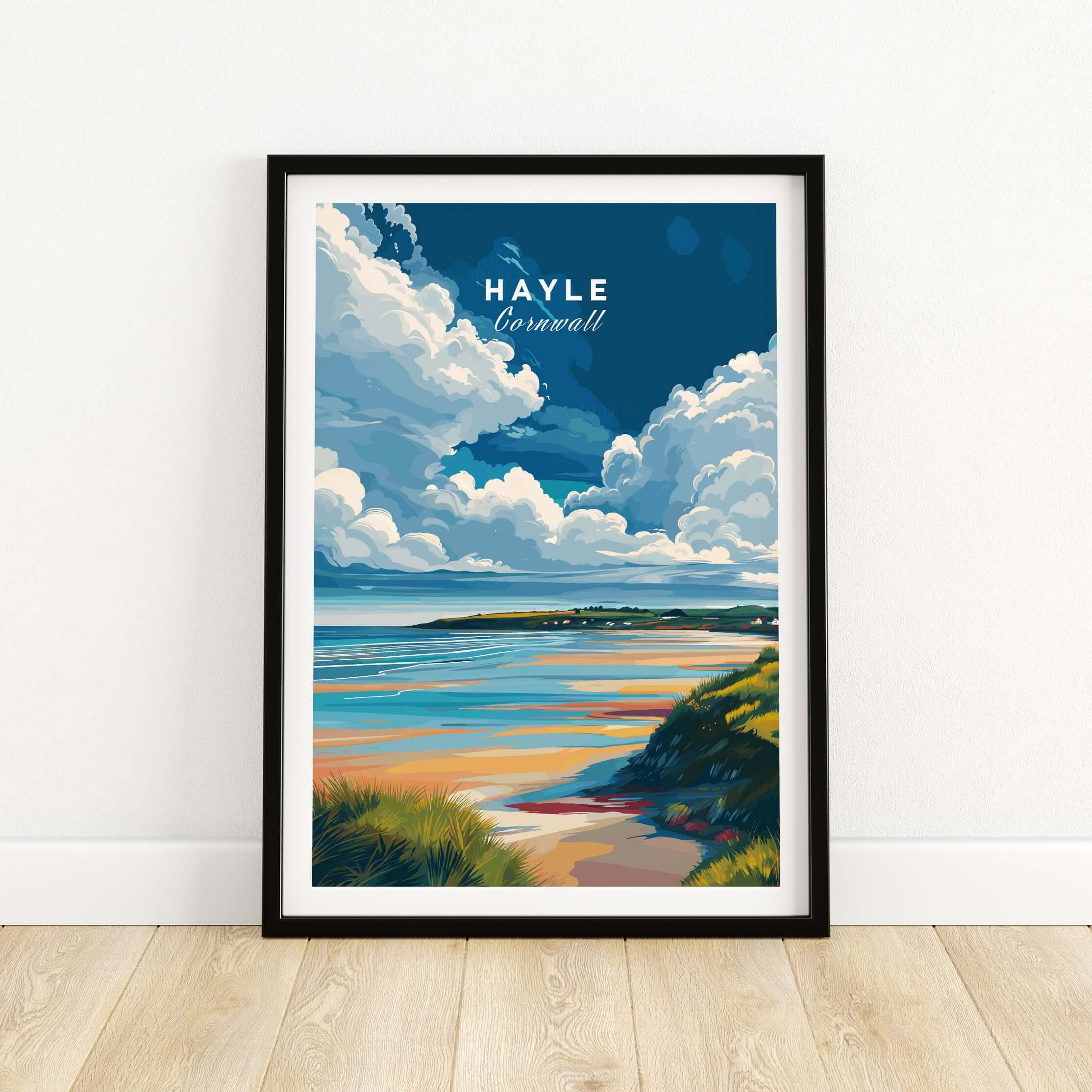 Hayle Ocean View Print - Cornwall Travel Poster showcasing a vibrant coastal scene with clouds and beach.