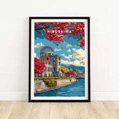 Hiroshima Japan Print Wall Art featuring iconic landmarks and vibrant colors, perfect for home décor.
