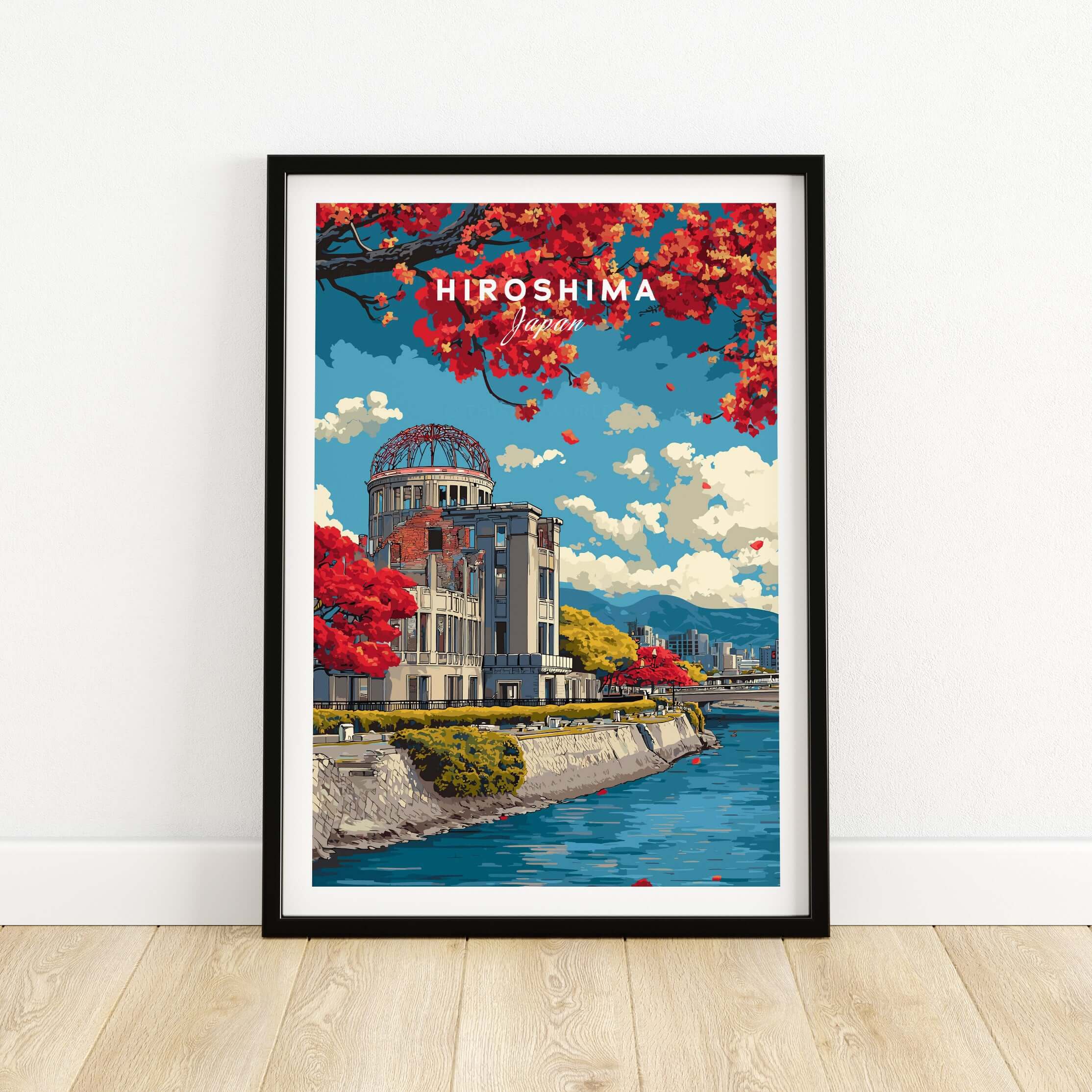 Hiroshima Japan Print Wall Art featuring iconic landmarks and vibrant colors, perfect for home décor.