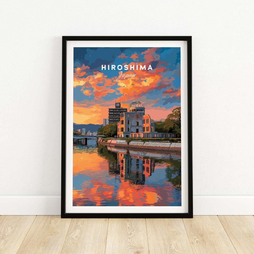 Hiroshima Japan sunset poster showcasing vibrant sky and city reflections, perfect for home wall art.