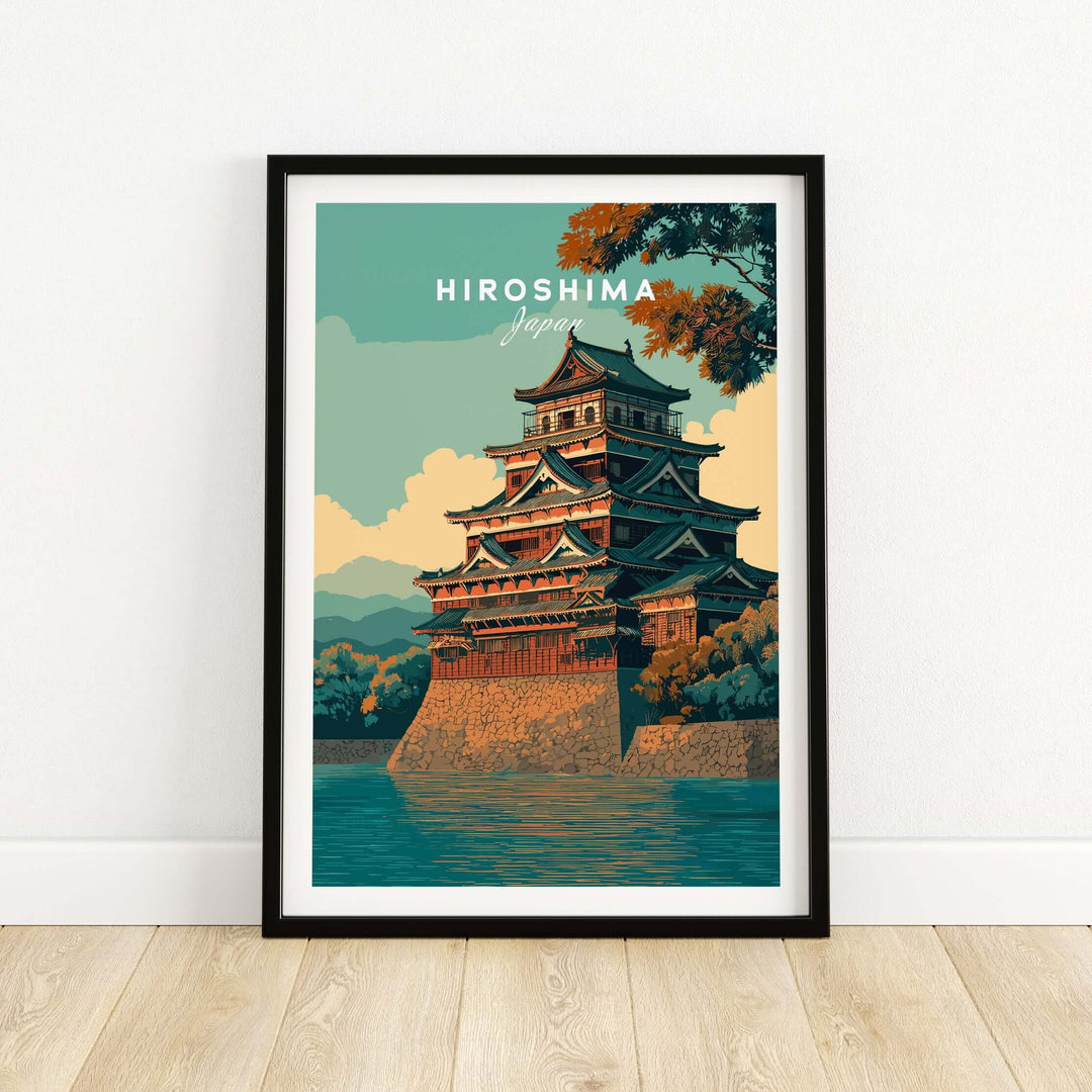 Hiroshima Japan poster featuring historic architecture with a vibrant design, perfect for art lovers and history enthusiasts.