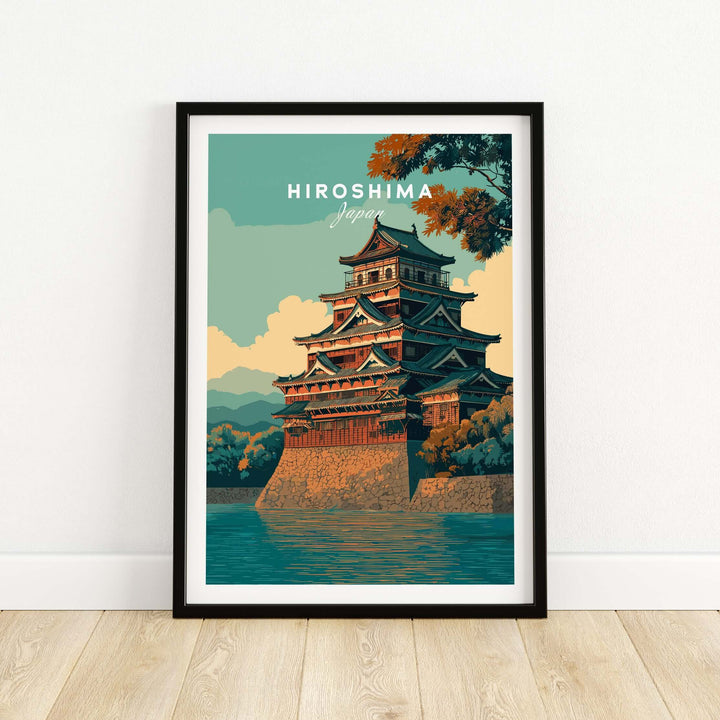 Hiroshima Japan poster featuring historic architecture with a vibrant design, perfect for art lovers and history enthusiasts.