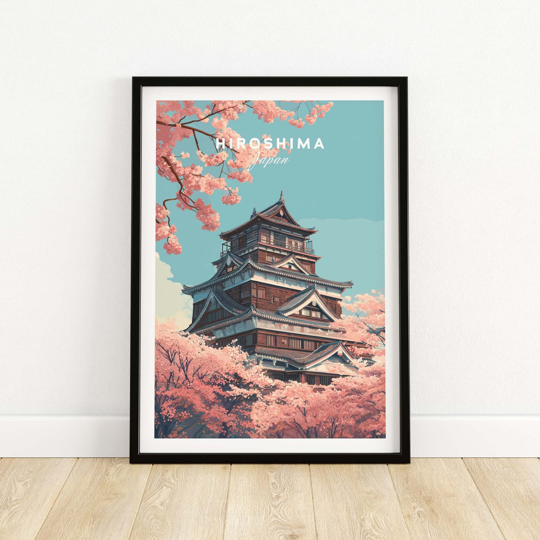 Hiroshima poster featuring cherry blossoms and a traditional Japanese landmark in springtime hues.