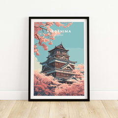 Hiroshima Poster Japan Cherry Blossom - Springtime Japanese Landmark Art showcasing cherry blossoms and a historic castle.