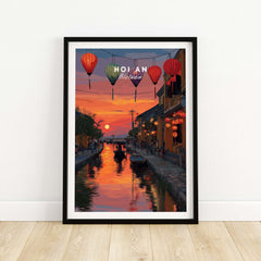 Hoi An Poster Vietnam Lantern Festival Sunset Print - Old Town Wall Art featuring glowing lanterns and serene sunset.