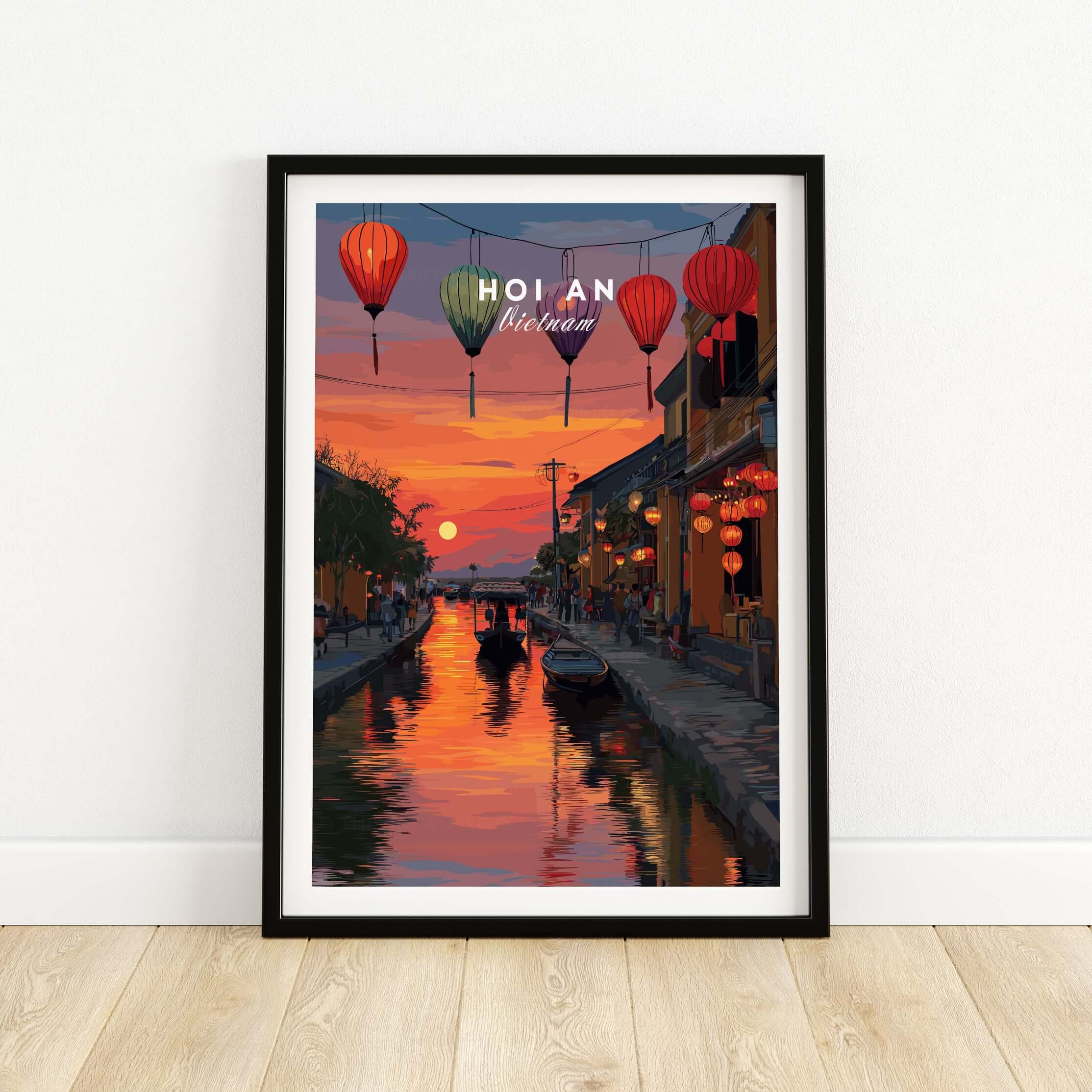Hoi An Poster Vietnam Lantern Festival Sunset Print - Old Town Wall Art featuring glowing lanterns and serene sunset.