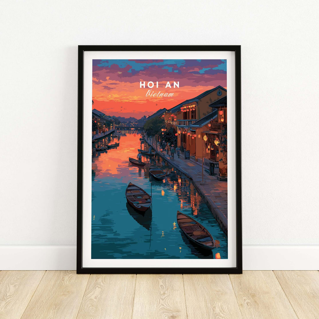 Hoi An Vietnam poster featuring serene river scene and traditional architecture at sunset.