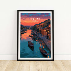 Hoi An Vietnam Poster - Ancient Town Wall Art featuring a picturesque river scene at sunset.