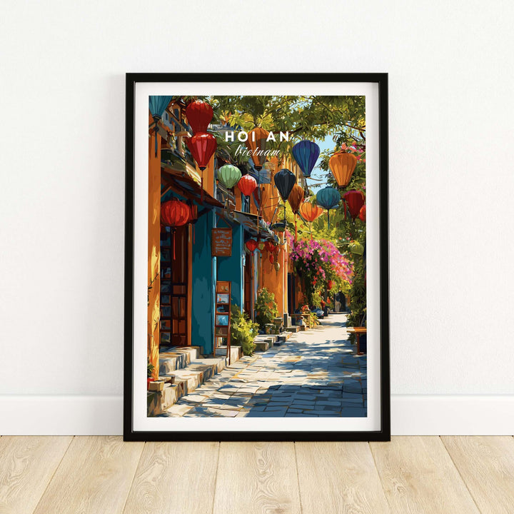 Vibrant Hoi An poster featuring lantern alley in UNESCO Old Quarter, showcasing colorful lanterns and charming street.