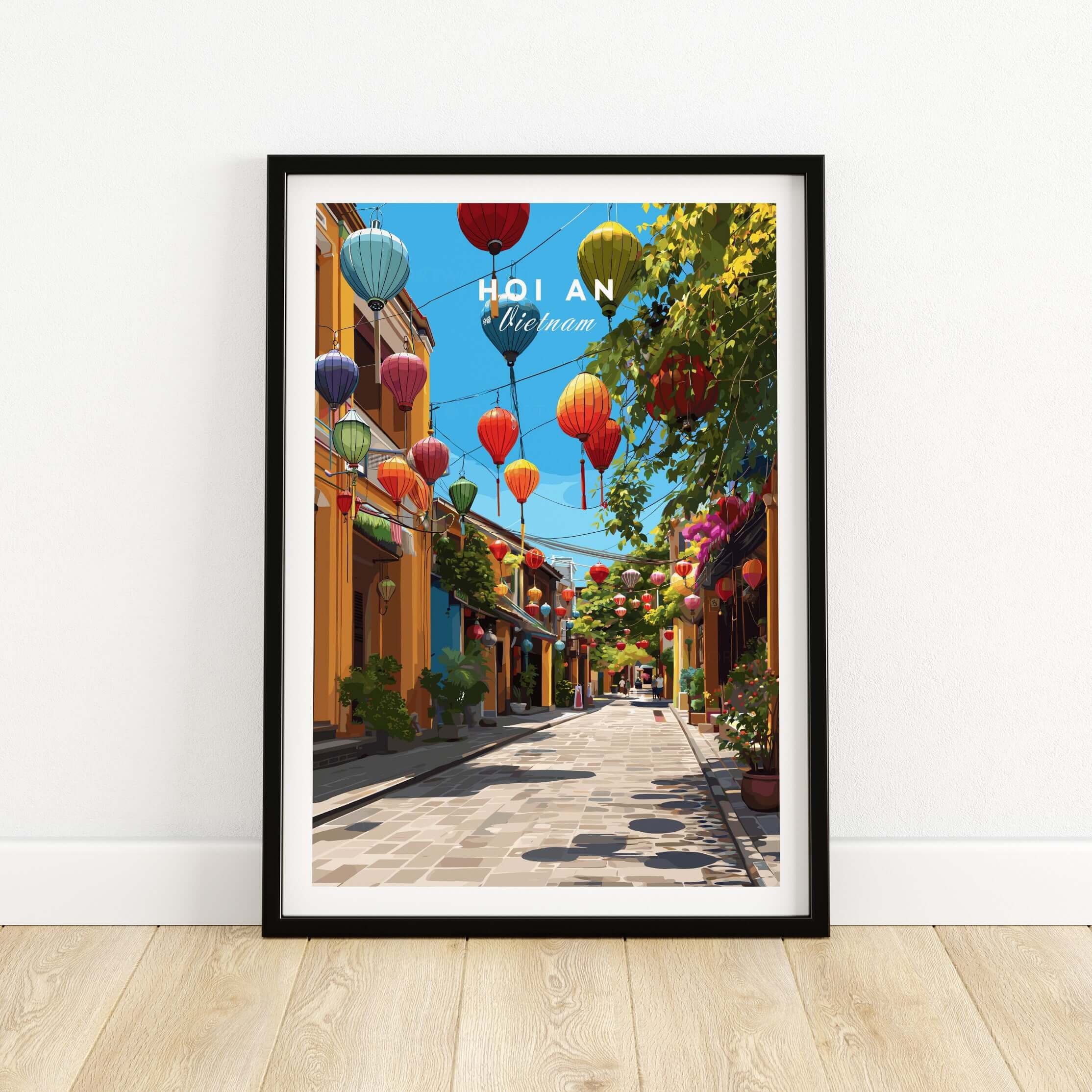 Hoi An Vietnam Colorful Lantern Street Poster - Ancient Town Hallway Print showcasing vibrant, colorful lanterns in a scenic street.