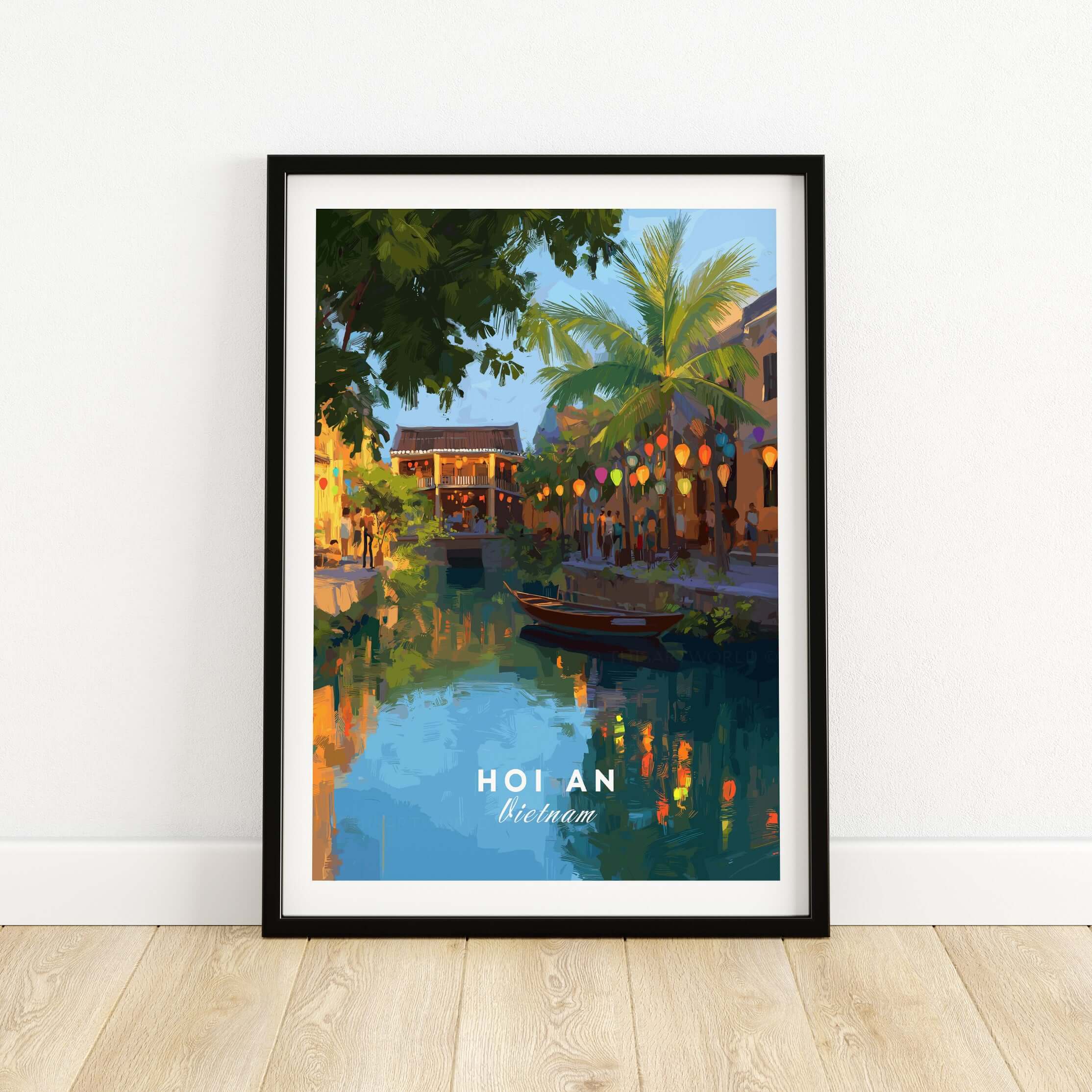 Hoi An Vietnam Night Print - Old Town Lanterns Poster showcasing colorful lanterns along the riverside in Hoi An.