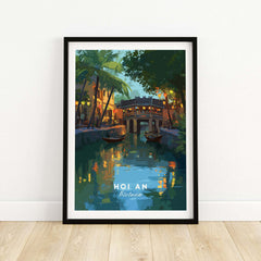 Hoi An Vietnam Poster - Iconic Landmark Print showcasing a vibrant riverside scene with traditional boats.