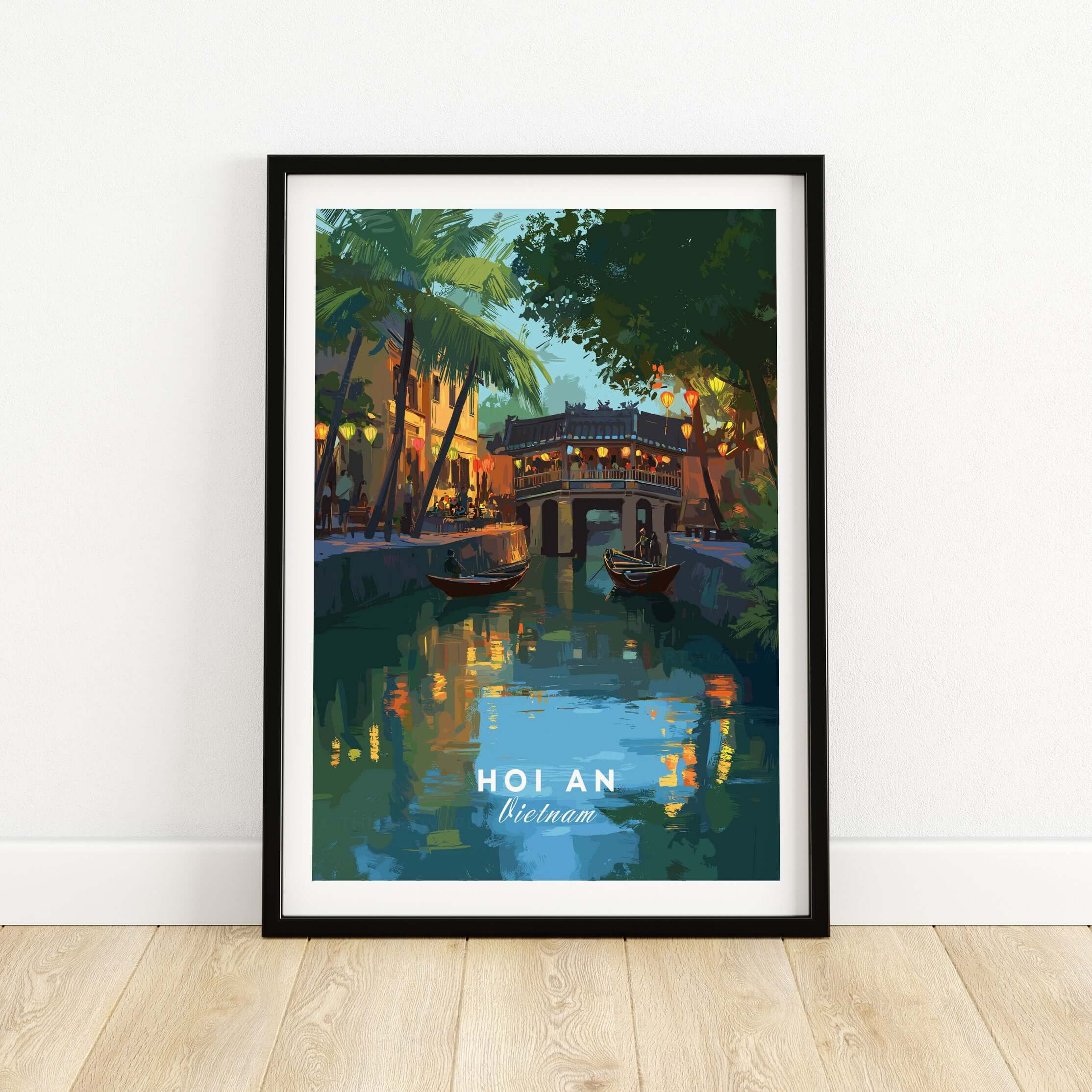Hoi An Vietnam Poster - Iconic Landmark Print showcasing a vibrant riverside scene with traditional boats.