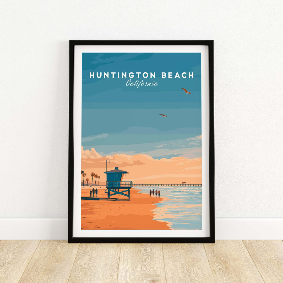 Huntington Beach Lifeguard tower print showcasing a vibrant California sunset, perfect for coastal wall art.