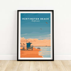Huntington Beach Lifeguard Tower Print - California Sunset Wall Art featuring a vibrant beach scene.
