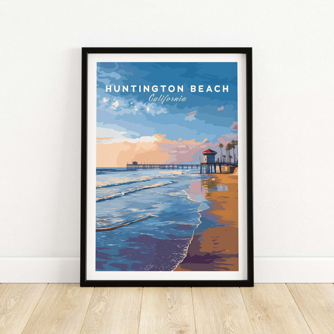 Huntington Beach Pier poster featuring sunset hues and ocean waves, perfect coastal California wall art.