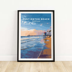 Huntington Beach Pier at Sunset Poster - Coastal California Wall Art featuring ocean waves and a vibrant sky.