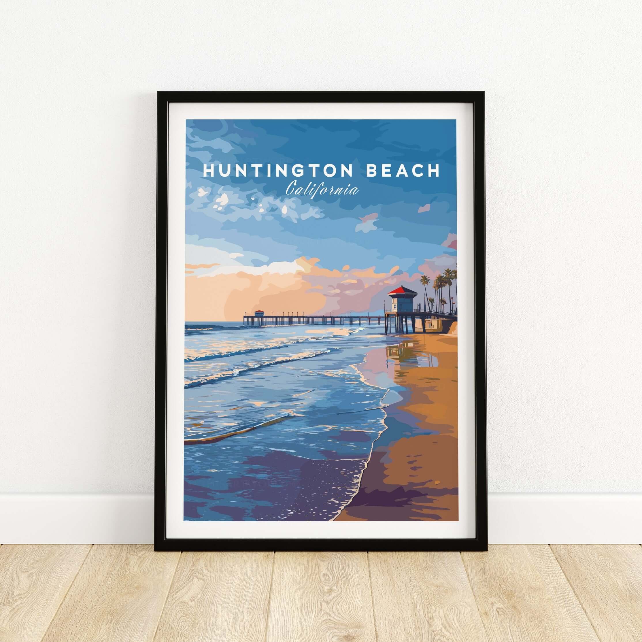 Huntington Beach Pier at Sunset Poster - Coastal California Wall Art featuring ocean waves and a vibrant sky.