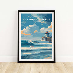 Huntington Beach Surfers Catching Waves Print - California Surfing Wall Art vibrant beach scene with surfers and waves