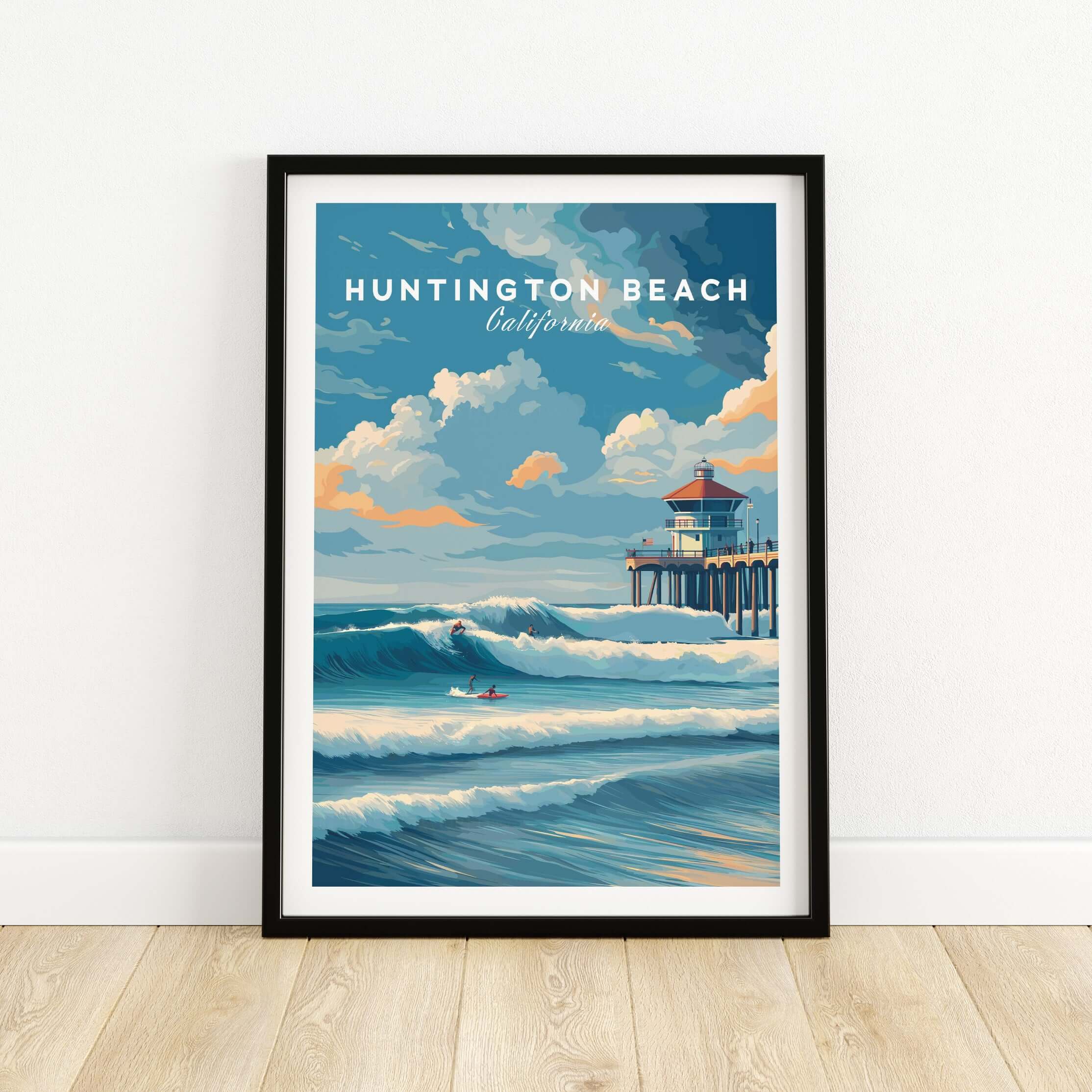 Huntington Beach Surfers Catching Waves Print - California Surfing Wall Art vibrant beach scene with surfers and waves