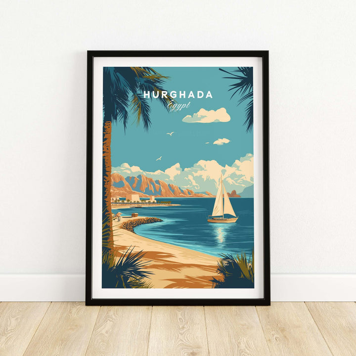Hurghada Egypt Red Sea beach print showcasing a sailboat and tropical scenery in vibrant colors.