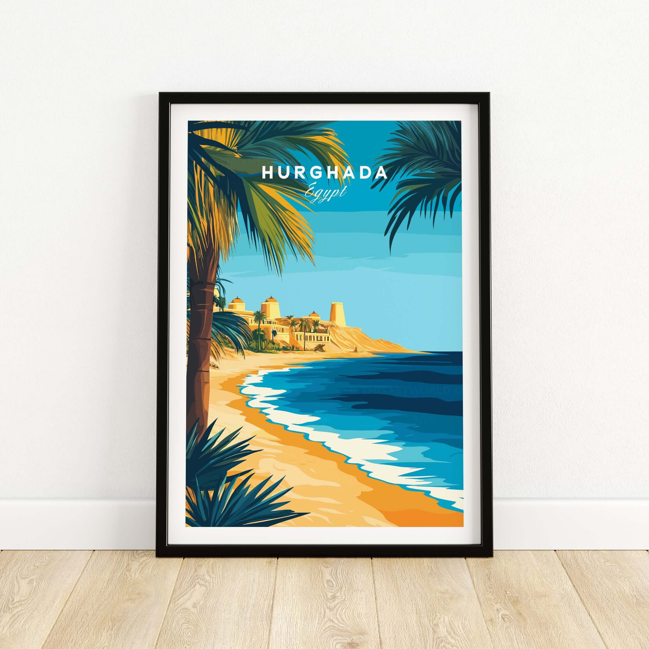 Hurghada Egypt Beach Poster - Red Sea Travel Print featuring a vibrant beach scene with palm trees.