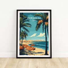 Hurghada Egypt Print - Tropical Vacation Wall Art featuring sandy beaches and palm trees.