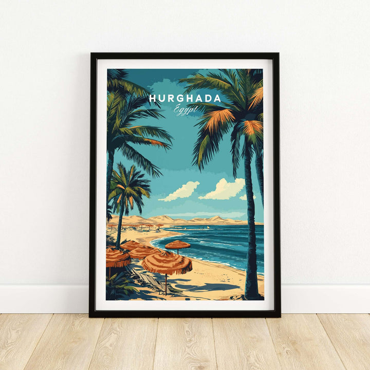 Hurghada Egypt print featuring tropical beach with palm trees, umbrellas, and crystal-clear waters, perfect for vacation decor.