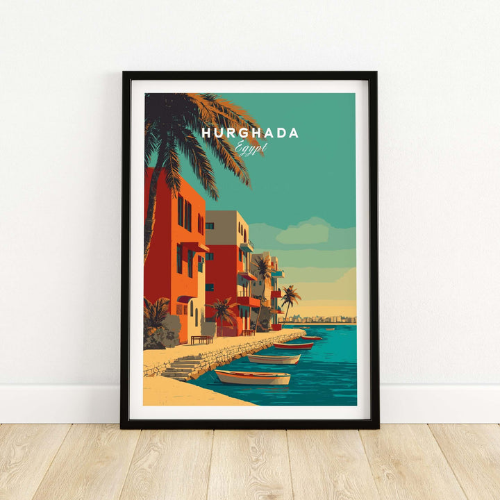 Hurghada Egypt poster featuring colorful buildings and boats by the coast, perfect tropical wall art for vacation vibes.