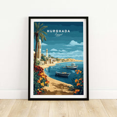 Hurghada Print Egypt - Red Sea Travel Wall Art featuring a scenic tropical view with boats and vibrant plants.