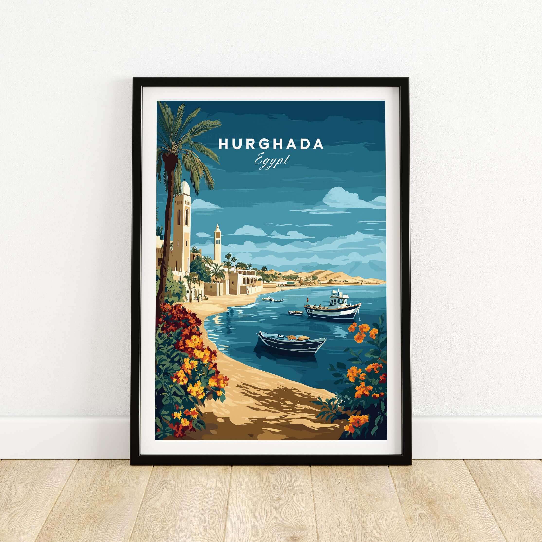 Hurghada Print Egypt - Red Sea Travel Wall Art featuring a scenic tropical view with boats and vibrant plants.