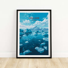 Iceland Poster | Nordic Landscape Wall Decor featuring a serene blue landscape with icebergs and mountains.